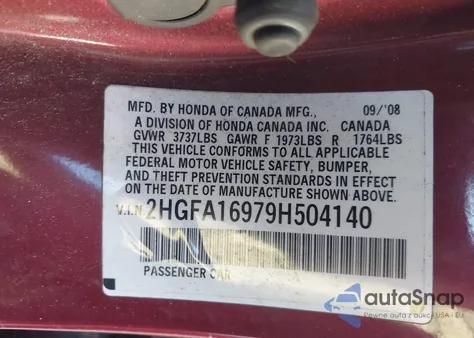 2009 Honda Civic Ex-L z USA, uszkodzony, nr VIN 2HGFA16979H504140